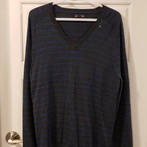 Banana Republic Men's Extra Fine Italian Wool Grey Blue Striped V-Neck Sweater-L